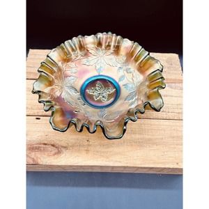 Leaf Pattern Emerald Green Carnival Glass Bowl Ruffled Edge